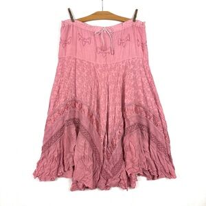 Dusty Pink Boho Maxi Skirt Embroidered Peasant Full Skirt